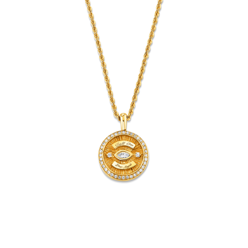 Mini Call On Your Angels Coin Necklace with Diamond Frame | Ready to Ship Yellow Gold 16" by Logan Hollowell Jewelry