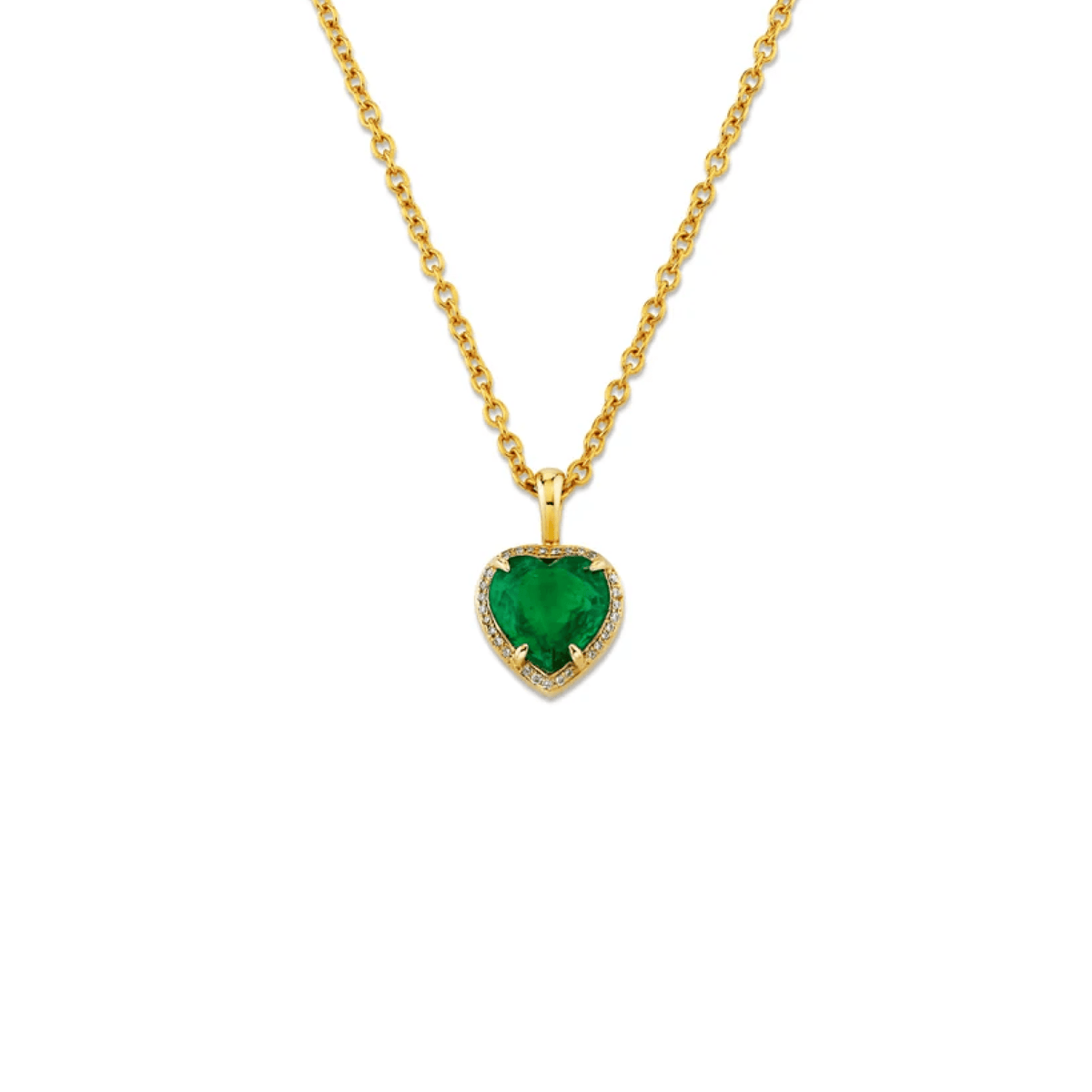 Heart Emerald Pendant with Full Pave Halo Yellow Gold by Logan Hollowell Jewelry