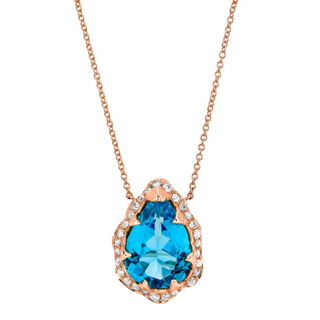 Queen Water Drop Blue Topaz Necklace with Full Pavé Diamond Halo Rose Gold   by Logan Hollowell Jewelry