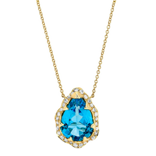 Queen Water Drop Blue Topaz Necklace with Full Pavé Diamond Halo Yellow Gold   by Logan Hollowell Jewelry