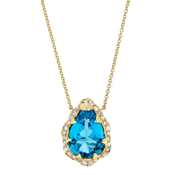 Queen Water Drop Blue Topaz Necklace with Full Pavé Diamond Halo Yellow Gold by Logan Hollowell Jewelry