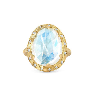 18k Queen Premium Rose Cut Oval Moonstone Ring with Sprinkled Diamonds | Ready to Ship 7 Yellow Gold  by Logan Hollowell Jewelry