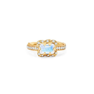 Micro Queen Emerald Cut Moonstone Ring with Sprinkled Diamonds | Ready to Ship Yellow Gold 2.5 Pave Band by Logan Hollowell Jewelry