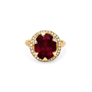 Queen Oval Ruby Ring with Full Pavé Diamond Halo | Ready to Ship Yellow Gold 6.5  by Logan Hollowell Jewelry
