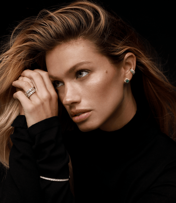 Micro Queen Emerald Cut Emerald Earrings with Sprinkled Diamonds by Logan Hollowell Jewelry