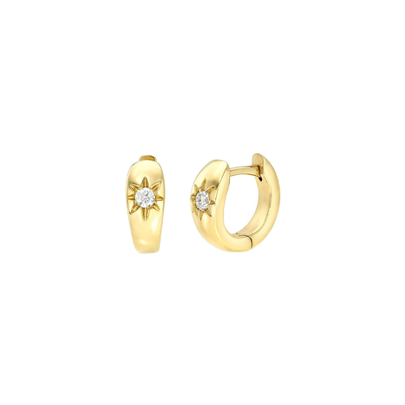 Single Star Set Rounded Diamond Huggies Yellow Gold Pair by Logan Hollowell Jewelry
