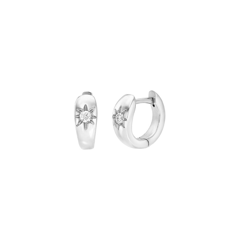 Single Star Set Rounded Diamond Huggies White Gold Pair by Logan Hollowell Jewelry