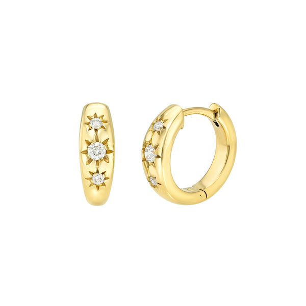 Three Star Set Rounded Diamond Huggies Yellow Gold Pair by Logan Hollowell Jewelry