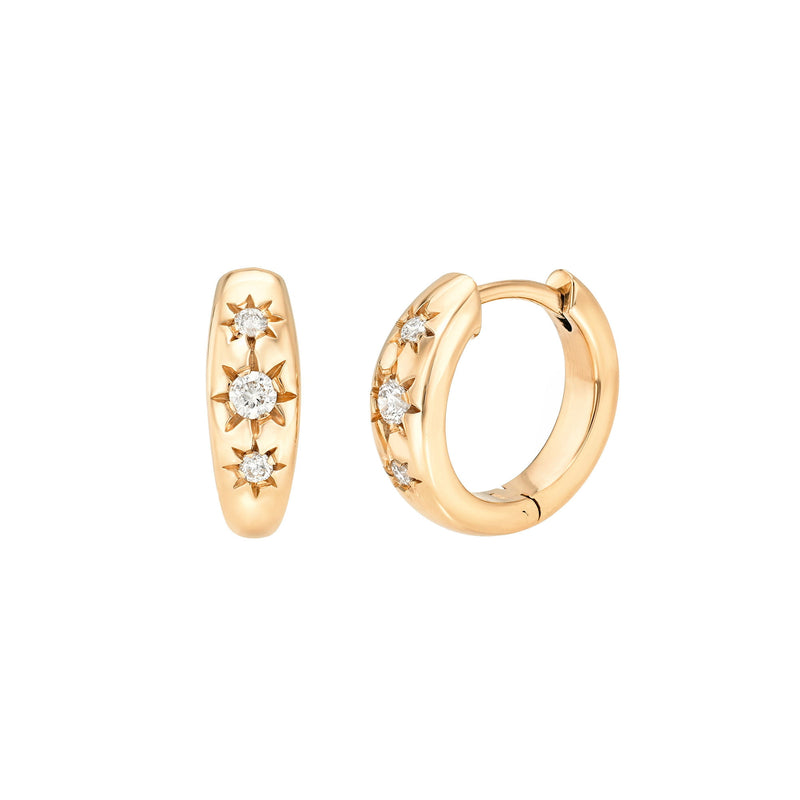 Three Star Set Rounded Diamond Huggies Rose Gold Pair by Logan Hollowell Jewelry