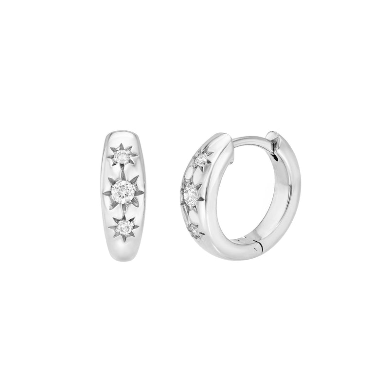 Three Star Set Rounded Diamond Huggies White Gold Pair by Logan Hollowell Jewelry