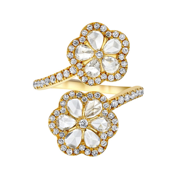 Eternal Jardin Rose Cut Diamond Pear Double Flower Ring 3 Yellow Gold  by Logan Hollowell Jewelry