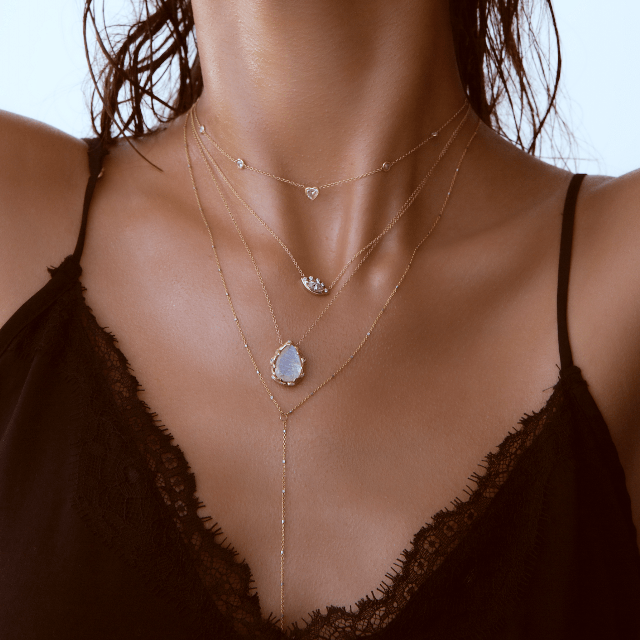 Queen Water Drop Moonstone Necklace with Sprinkled Diamonds Queen Water Drop Moonstone Necklace with Sprinkled Diamonds