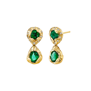 Queen Emerald Drop Earrings with Sprinkled Diamond Halo Yellow Gold   by Logan Hollowell Jewelry