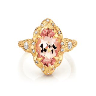 Queen Marquise Cut Morganite Ring with Pavé Sprinkled Diamond Halo | Ready to Ship Yellow Gold 6  by Logan Hollowell Jewelry