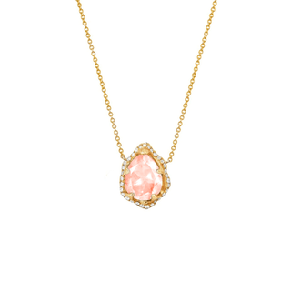 Mirco Queen Water Drop Morganite Necklace with Full Pavé Halo Yellow Gold   by Logan Hollowell Jewelry