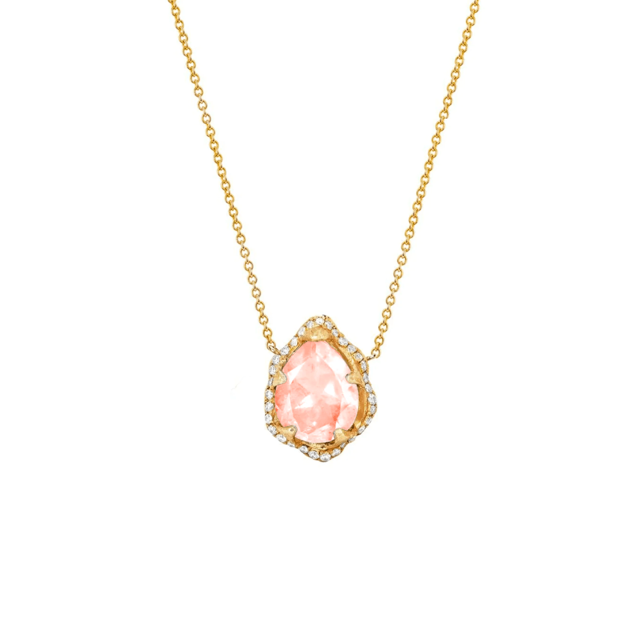 Micro Queen Water Drop Morganite Necklace with Full Pavé Halo Yellow Gold by Logan Hollowell Jewelry