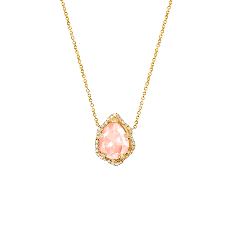 Micro Queen Water Drop Morganite Necklace with Full Pavé Halo Yellow Gold by Logan Hollowell Jewelry