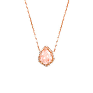 Mirco Queen Water Drop Morganite Necklace with Full Pavé Halo Rose Gold   by Logan Hollowell Jewelry