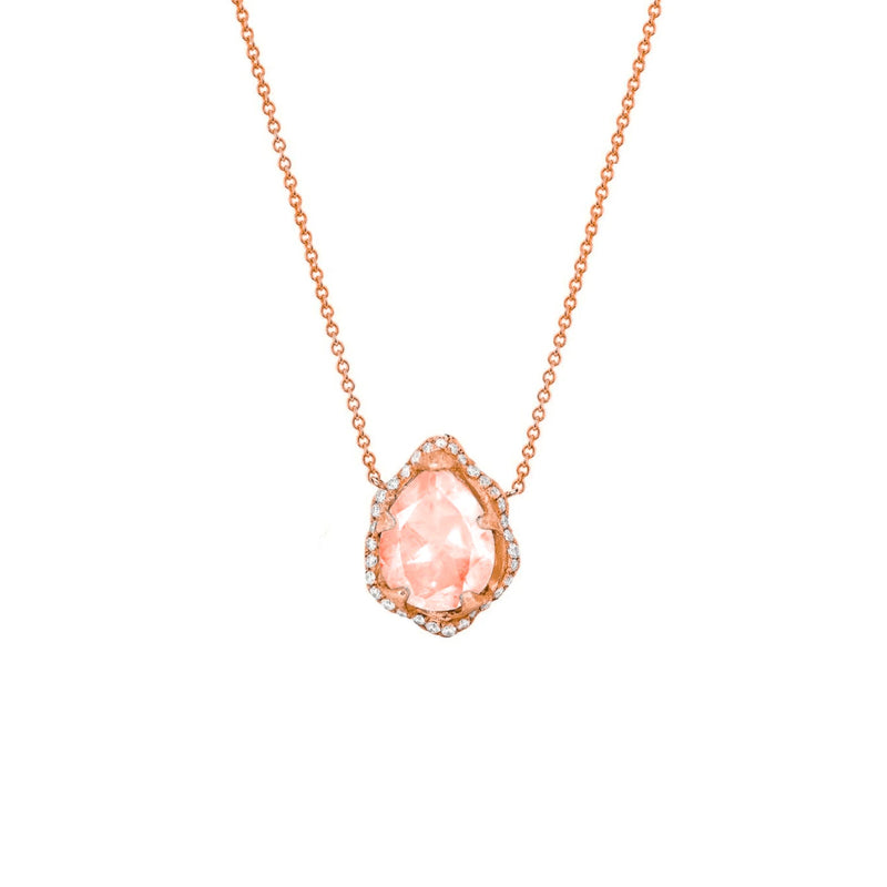 Micro Queen Water Drop Morganite Necklace with Full Pavé Halo Rose Gold by Logan Hollowell Jewelry