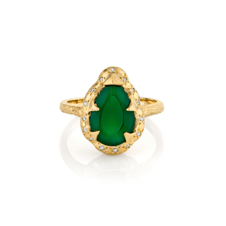 Medium Queen Water Drop Green Agate Ring with Sprinkled Diamonds Yellow Gold 3  by Logan Hollowell Jewelry