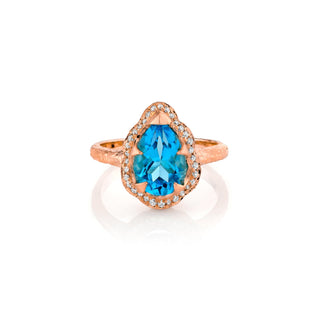 Baby Queen Water Drop Blue Topaz Ring with Full Pavé Halo Rose Gold 3  by Logan Hollowell Jewelry