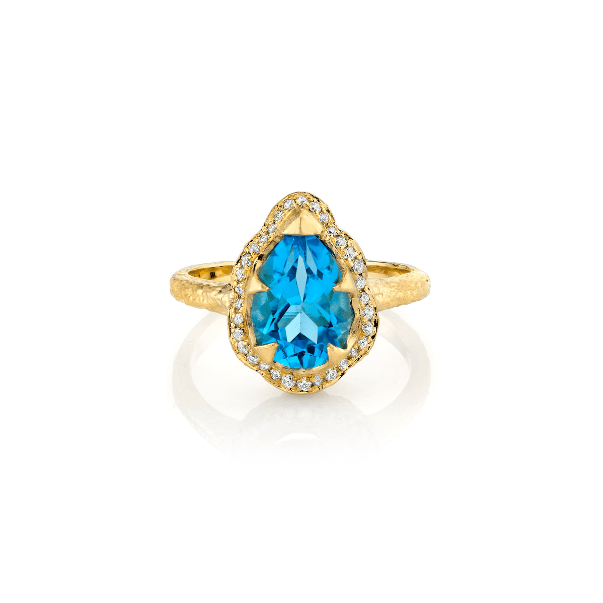 Baby Queen Water Drop Blue Topaz Ring with Full Pavé Halo | Ready to Ship Yellow Gold 5 by Logan Hollowell Jewelry