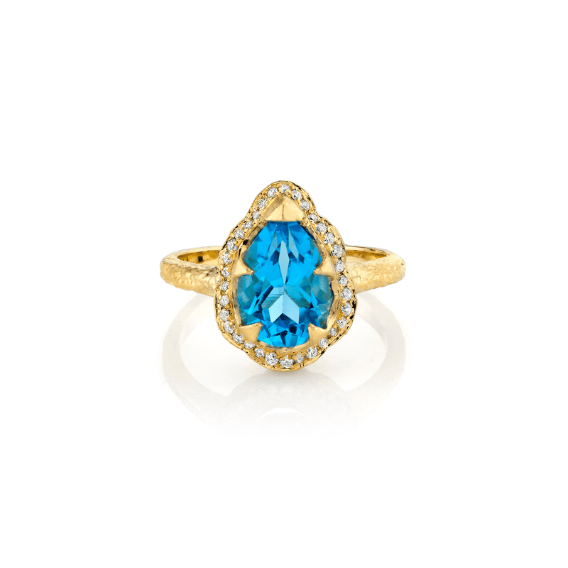Baby Queen Water Drop Blue Topaz Ring with Full Pavé Halo | Ready to Ship Yellow Gold 5 by Logan Hollowell Jewelry