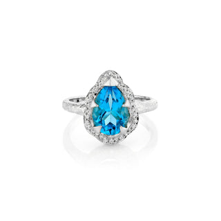 Baby Queen Water Drop Blue Topaz Ring with Full Pavé Halo White Gold 3  by Logan Hollowell Jewelry