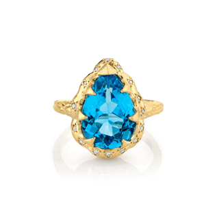 Queen Water Drop Blue Topaz Ring with Sprinkled Diamonds Yellow Gold 3  by Logan Hollowell Jewelry