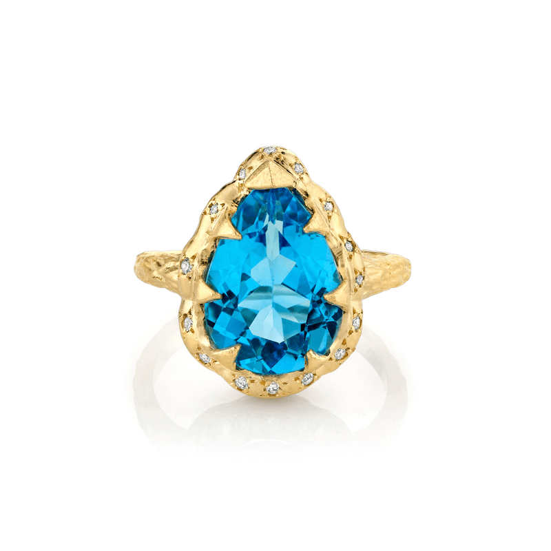 Queen Water Drop Blue Topaz Ring with Sprinkled Diamonds | Ready to Ship Yellow Gold 6.5 by Logan Hollowell Jewelry