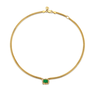 Queen Emerald Cut Emerald Cuban Choker w/ Full Pave Halo Yellow Gold 13"-14"  by Logan Hollowell Jewelry