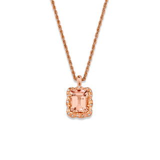 Queen Emerald Cut Morganite Pendant with Sprinkled Diamond Halo Rose Gold   by Logan Hollowell Jewelry