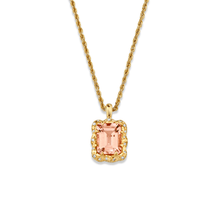 Queen Emerald Cut Morganite Pendant with Sprinkled Diamond Halo Yellow Gold   by Logan Hollowell Jewelry