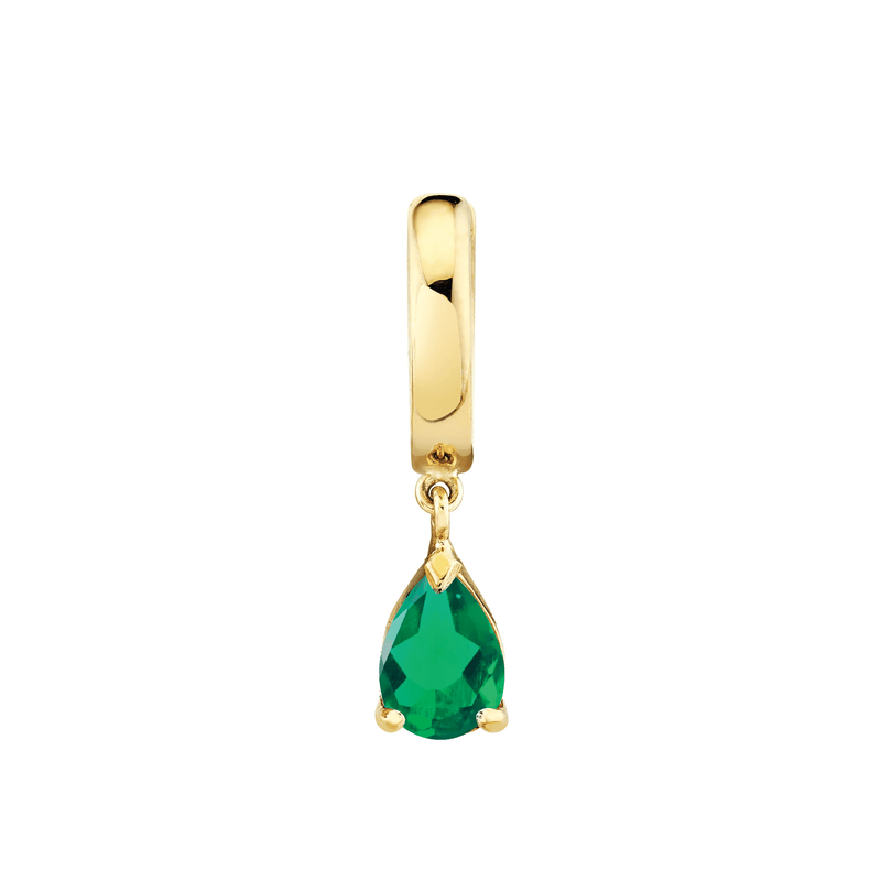 Pear Drop Emerald Huggies Yellow Gold Single  by Logan Hollowell Jewelry