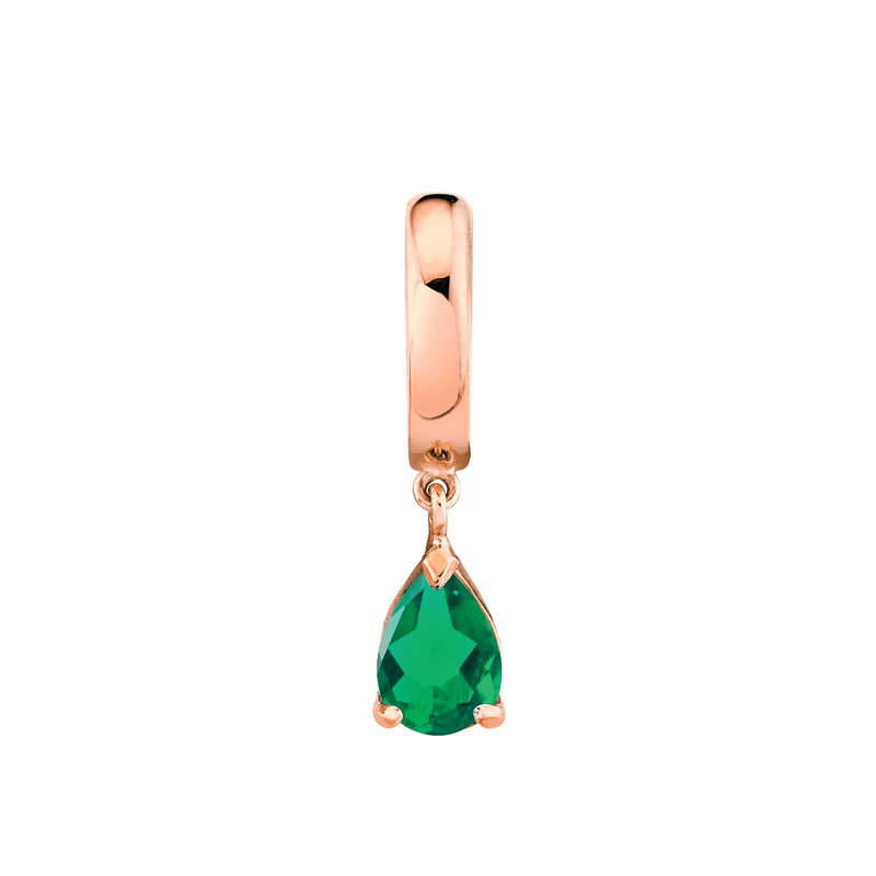Pear Drop Emerald Huggies Rose Gold Single  by Logan Hollowell Jewelry