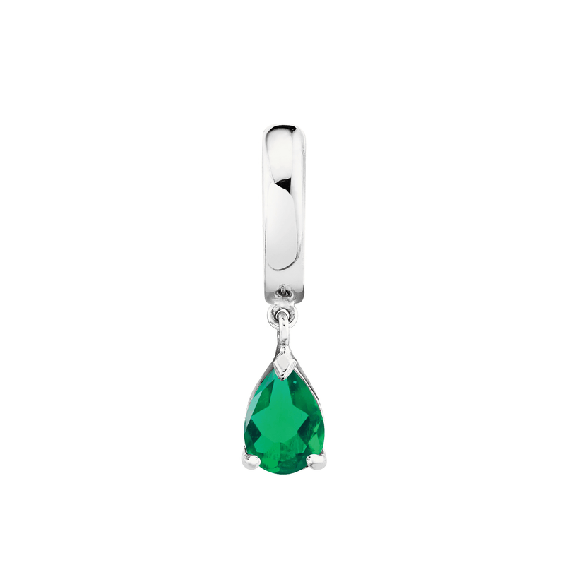 Pear Drop Emerald Huggies White Gold Single  by Logan Hollowell Jewelry