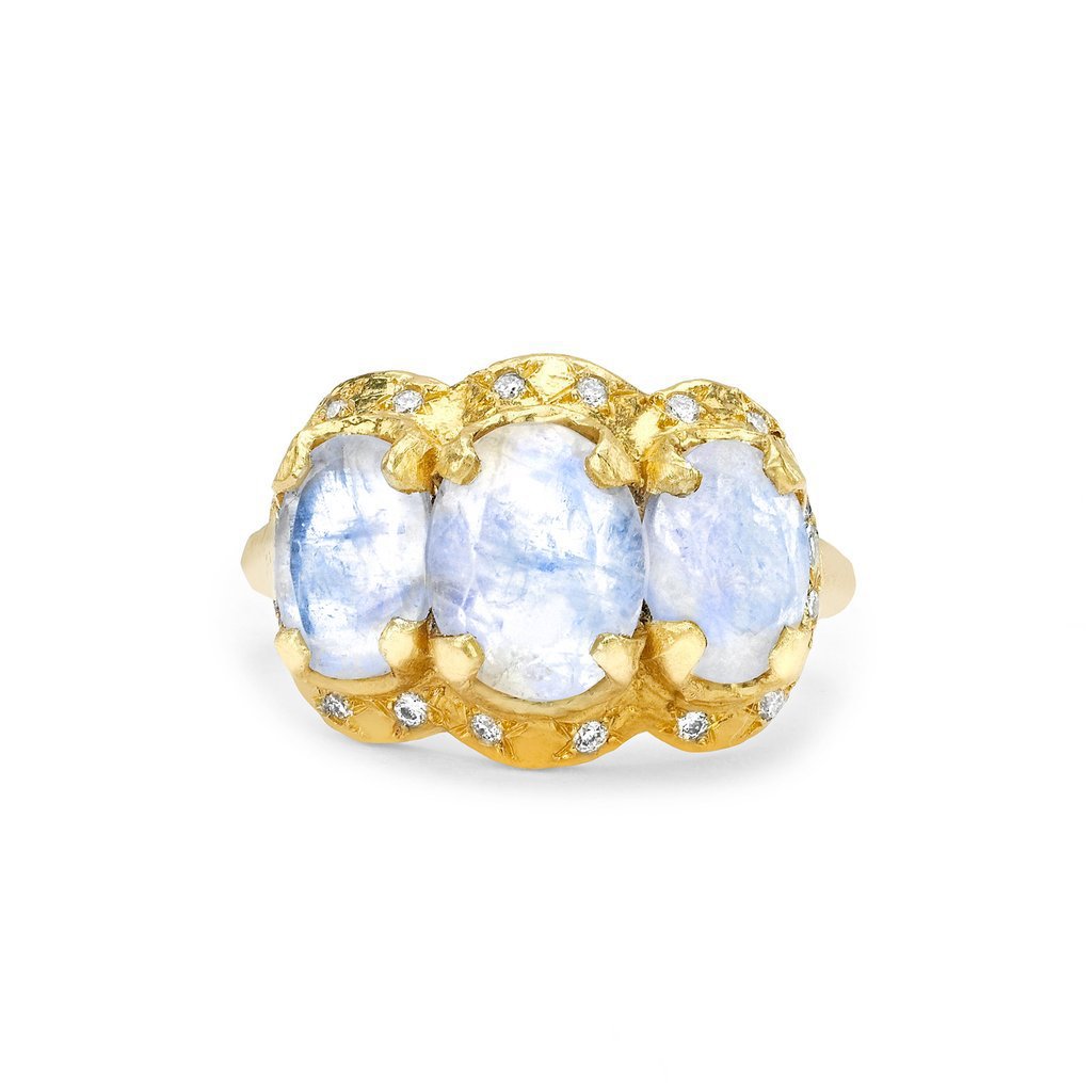Queen Triple Goddess Moonstone Ring with Sprinkled Diamonds by Logan Hollowell Jewelry