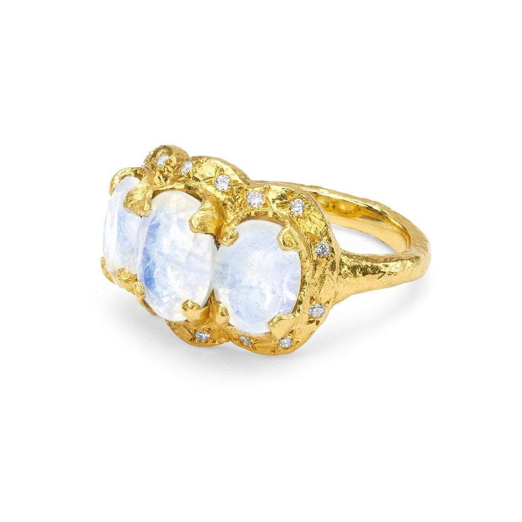 Queen Triple Goddess Moonstone Ring with Sprinkled Diamonds by Logan Hollowell Jewelry