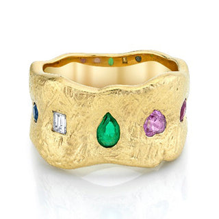 18k Atlantis Mixed Sapphire and Diamond Ring with Emerald | Ready to Ship 6 Yellow Gold  by Logan Hollowell Jewelry