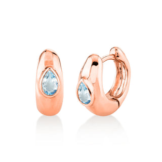 River Water Drop Aquamarine Huggies Rose Gold Pair  by Logan Hollowell Jewelry