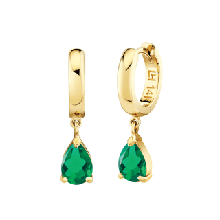 Reverse Water Drop Emerald Huggies Yellow Gold Pair  by Logan Hollowell Jewelry
