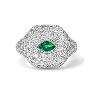 18K Emerald Angel Eye Signet Ring White Gold 3 by Logan Hollowell Jewelry