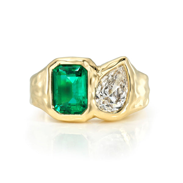 Toi Et Moi River Emerald and Diamond Ring Yellow Gold 6 by Logan Hollowell Jewelry