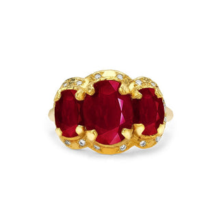 Queen Triple Goddess Ruby Ring with Sprinkled Diamonds | Ready to Ship Yellow Gold 8  by Logan Hollowell Jewelry