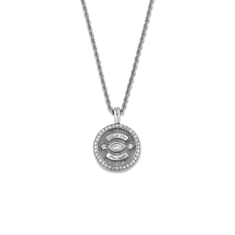 Mini Call On Your Angels Coin Necklace with Diamond Frame White Gold 16" by Logan Hollowell Jewelry