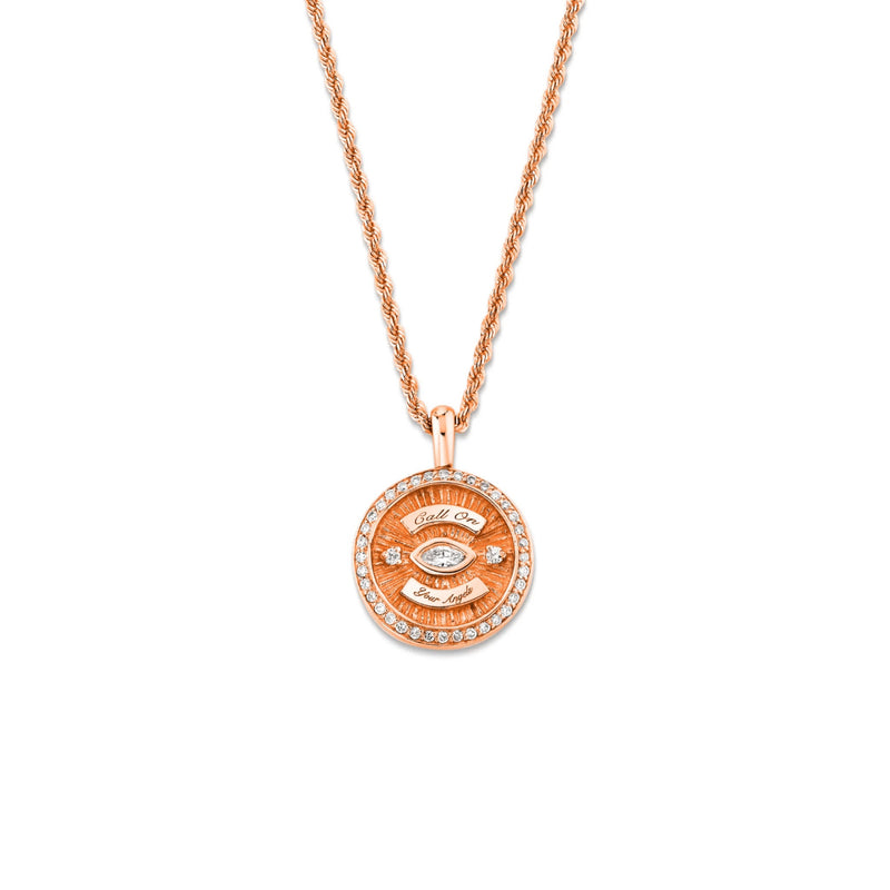 Mini Call On Your Angels Coin Necklace with Diamond Frame Rose Gold 16" by Logan Hollowell Jewelry