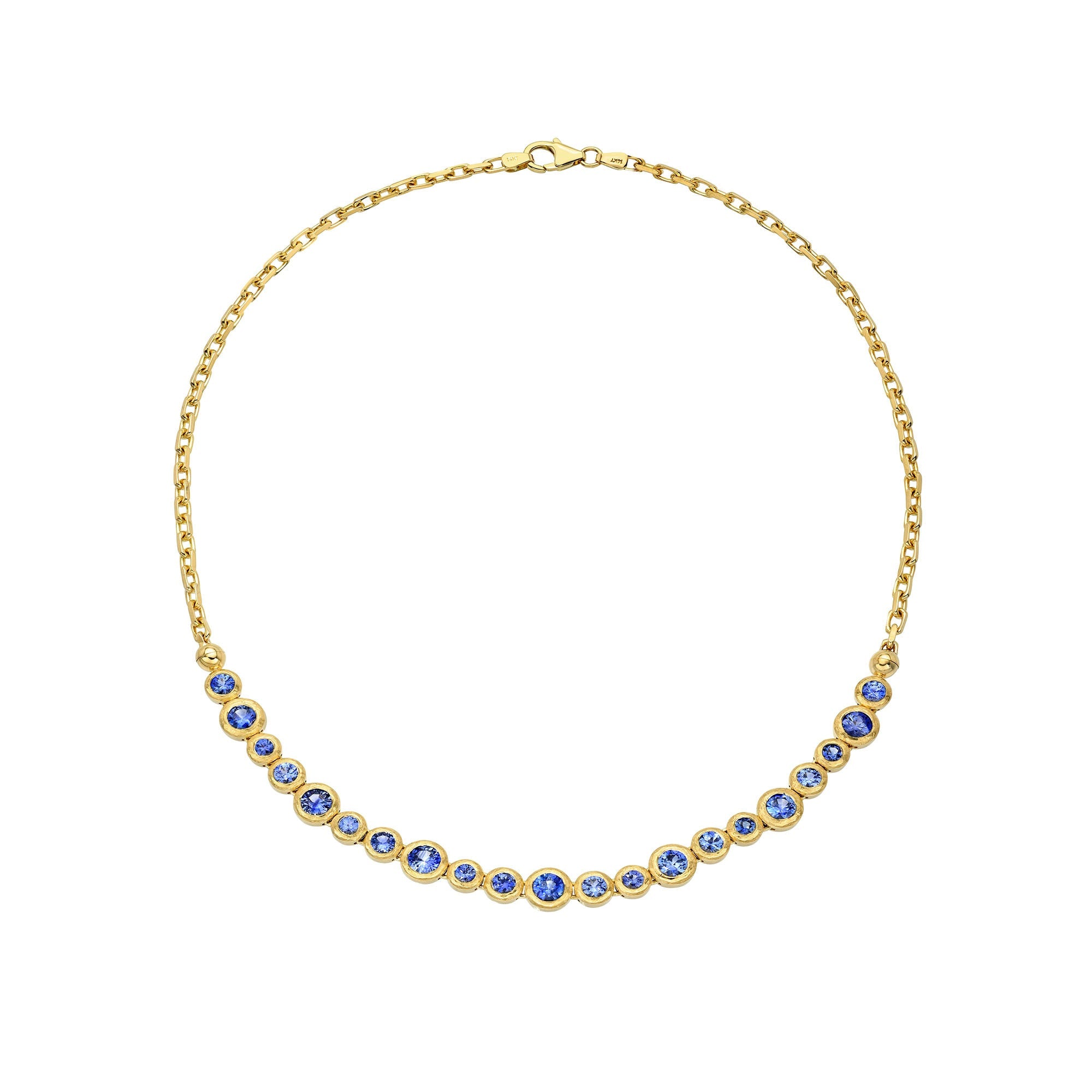 Blue Sapphire Bubble Link Necklace Yellow Gold by Logan Hollowell Jewelry