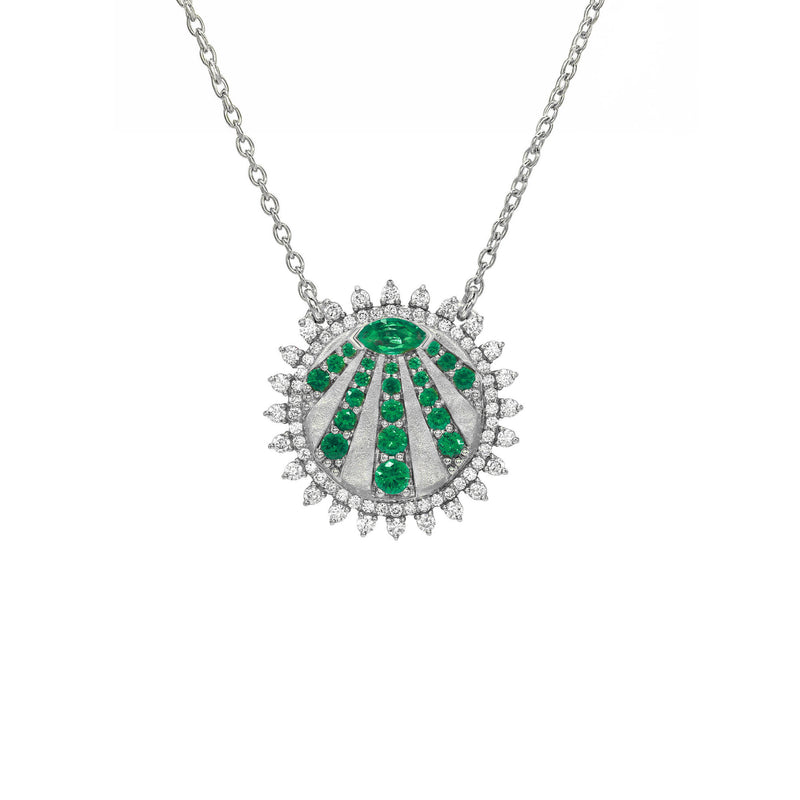 Petite "You Are My Sunshine" Diamond and Emerald Necklace White Gold by Logan Hollowell Jewelry