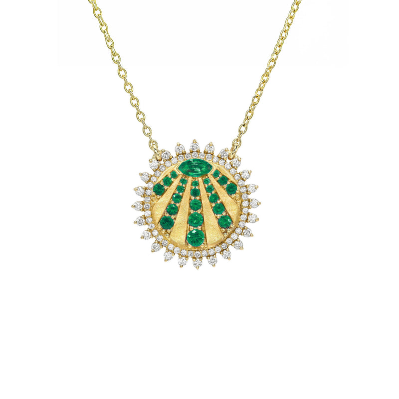 Petite "You Are My Sunshine" Diamond and Emerald Necklace Yellow Gold by Logan Hollowell Jewelry