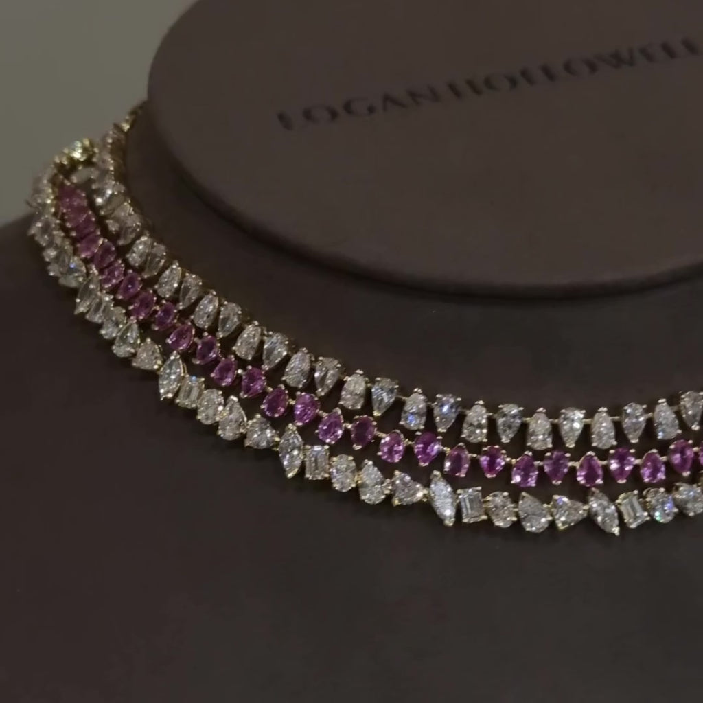 Reverse Water Drop Pink Sapphire Tennis Necklace by Logan Hollowell Jewelry